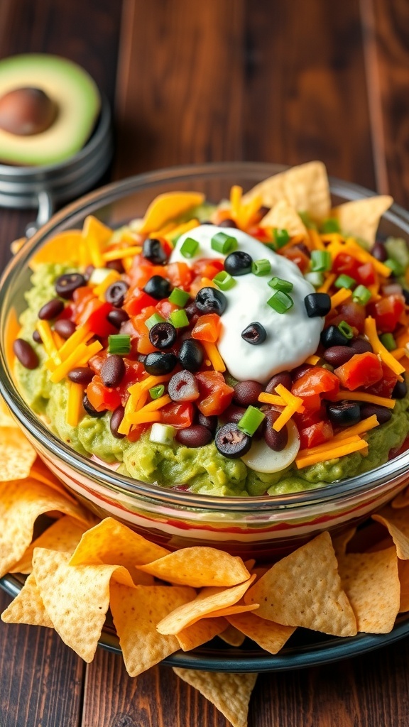 Layered Mexican Dip Recipe A colorful 7-layer dip in a glass dish with tortilla chips on the side.